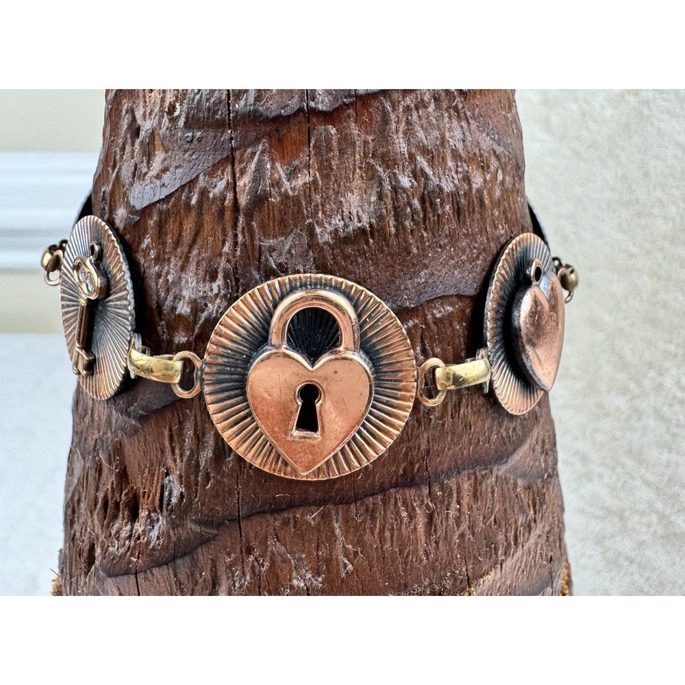 Vintage Victorian-Revival Copper Brass Link Sweetheart 60s 70s Concho Bracelet